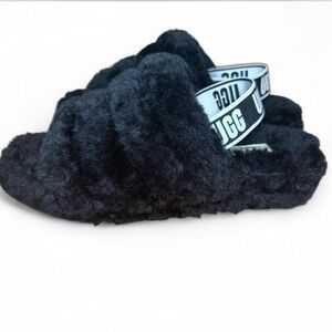 UGG Black Fluff yeah Slippers with Logo Strap